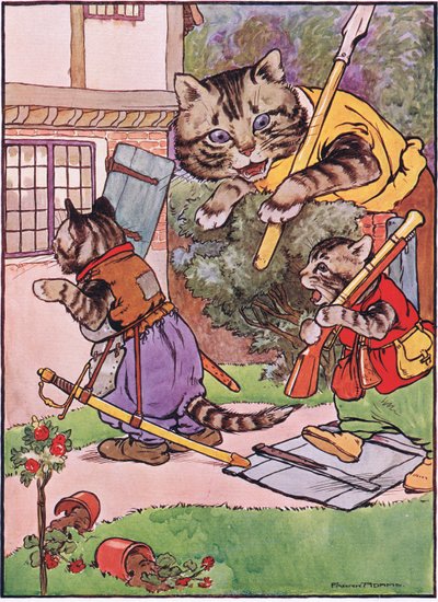 A cat with her kittens creeps up to the house, illustration from 